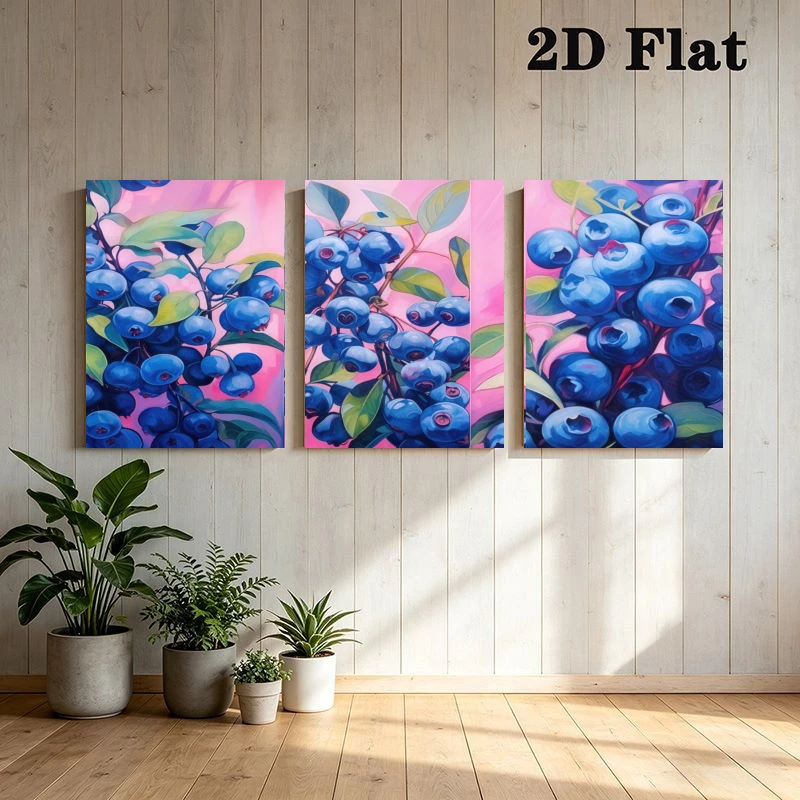 2D Flat, 2D Flat, 3pcs Modern Boho Blueberry Leaves Wall Art, Pink Purple Background, Vibrant Color, Frameless No Frame, Livi