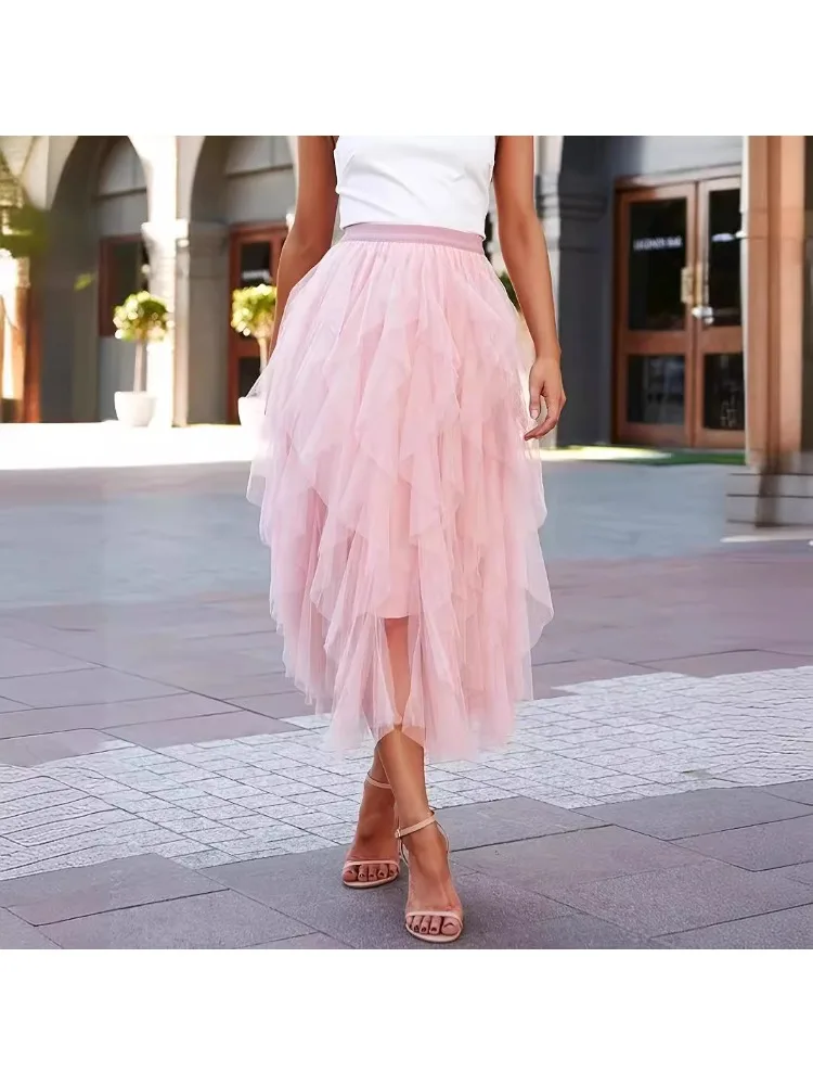 Korean version elastic waist fashionable versatile mesh stitching medium and long high waist skirt ruffle edge skirt