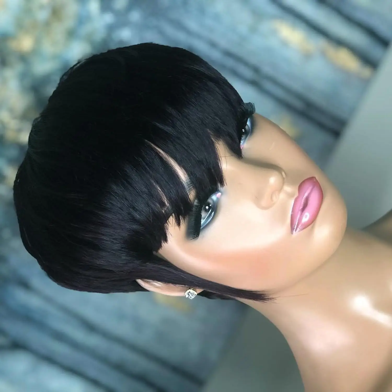 女性のための短いピクシーカットウィッグ、人間の髪の毛カット、完全な機械製