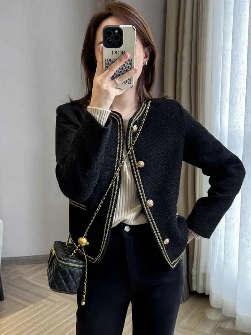 

Bla awl Lapel Women's Jaet Autumn Winter Retro High-End Slimming Versatile Commute Sle round Ne Regular Length