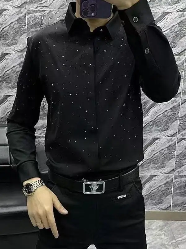 

Spring New Men's Long Sve irt Faionable Busin High End Stitched Diamond Tianxing Versatile Casual Sle Polyester C...