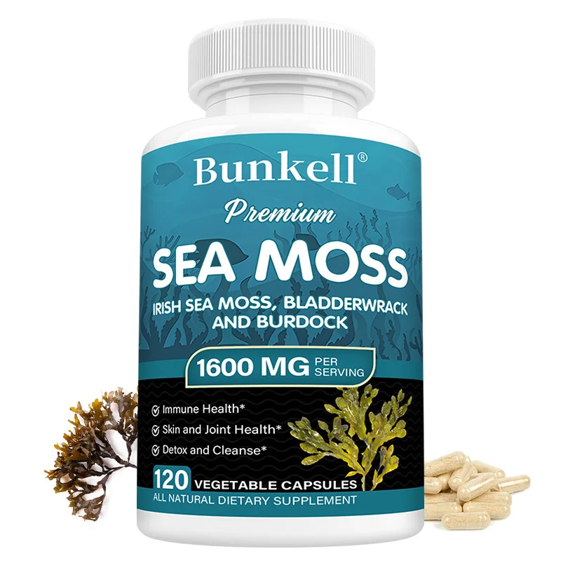 

Organic Sea Moss 1600mg with Bladderwrack, Burdock, Immune System & Digestive Health, Skin, Joint, Energy Support, 120 Capsules