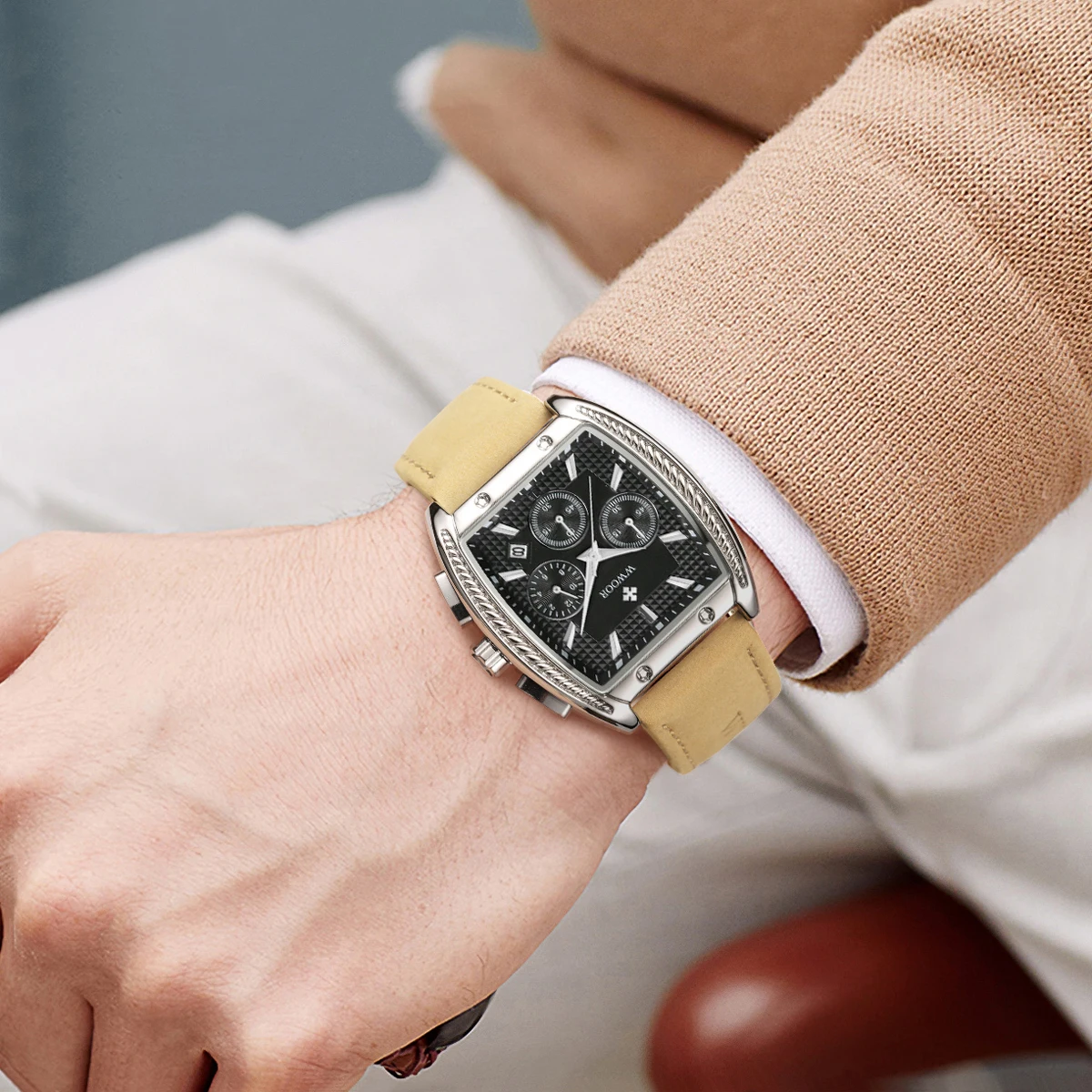 

WWOOR New Fashion Luxury Wristwatch for Man Waterproof Chronograph Date Men Watch Sports Leather Men's Quartz Watches Male reloj
