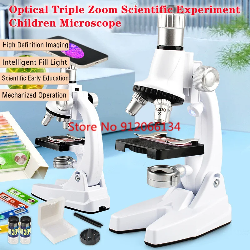 Scientific Experiment Optical Triple Zoom Student Alloy Microscope 100X 600X 1200X Zoom HD Imaging Lighting Educational Kids Toy