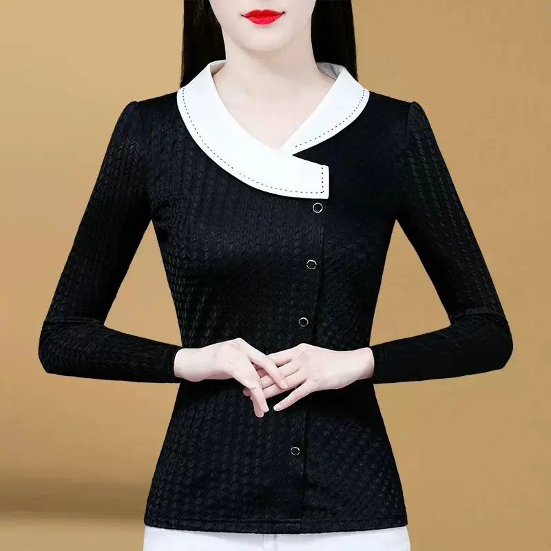 

Autumn and Winter Women's Pullover V-Neck Button Patchwork Slim Solid Underlay Fashion Casual Elegant Commuter Long Sleeve Tops