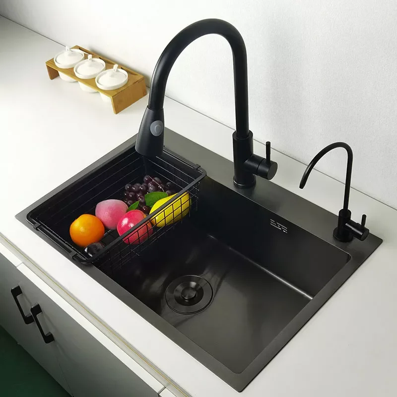 Matte Black Kitchen Sink Vegetable Washing Basin Stainless Steel Nano Sink Seamless Welding Above Counter Apron Front Undermount