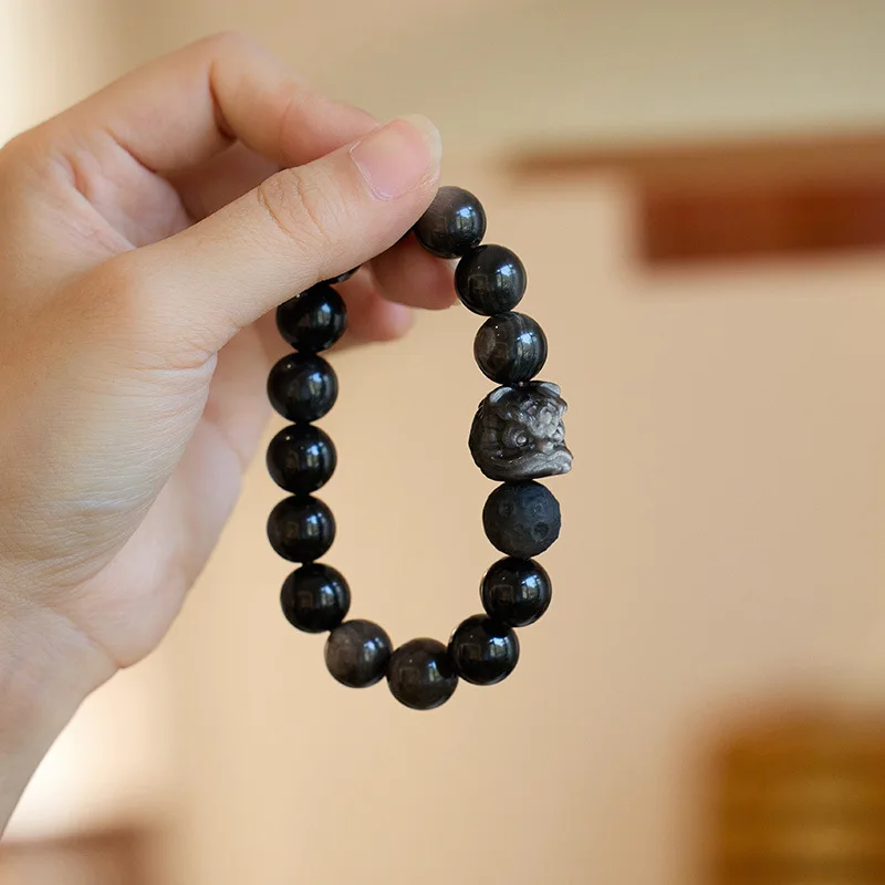 

Natural Silver Lion Awakening Meteorite Planet Obsidian Design Bracelet