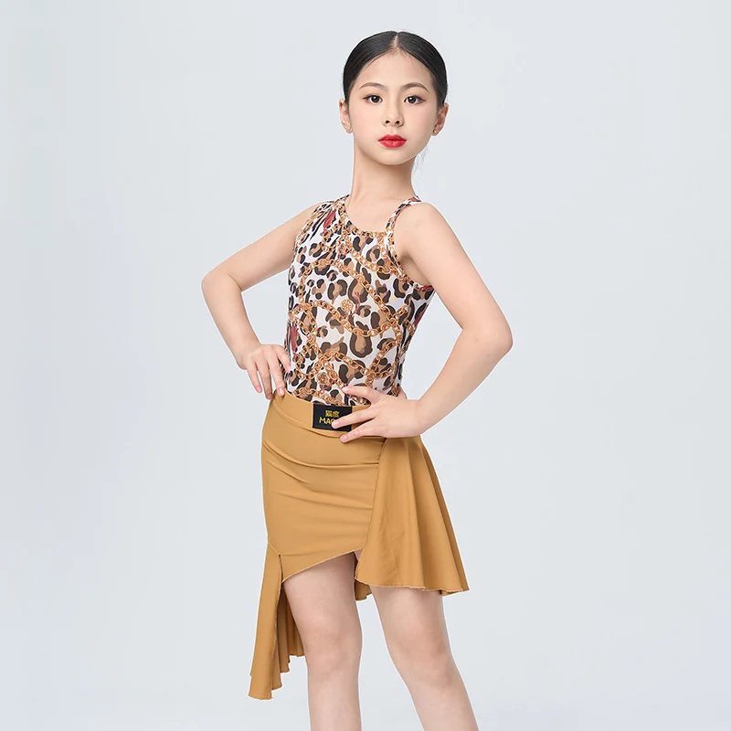 Latin Tanz kleidung für Mädchen Samba Tanz Outfit Sommer Chacha Rumba Praxis tragen Leopard Bodysuit unregelmäßigen Rock dl10581