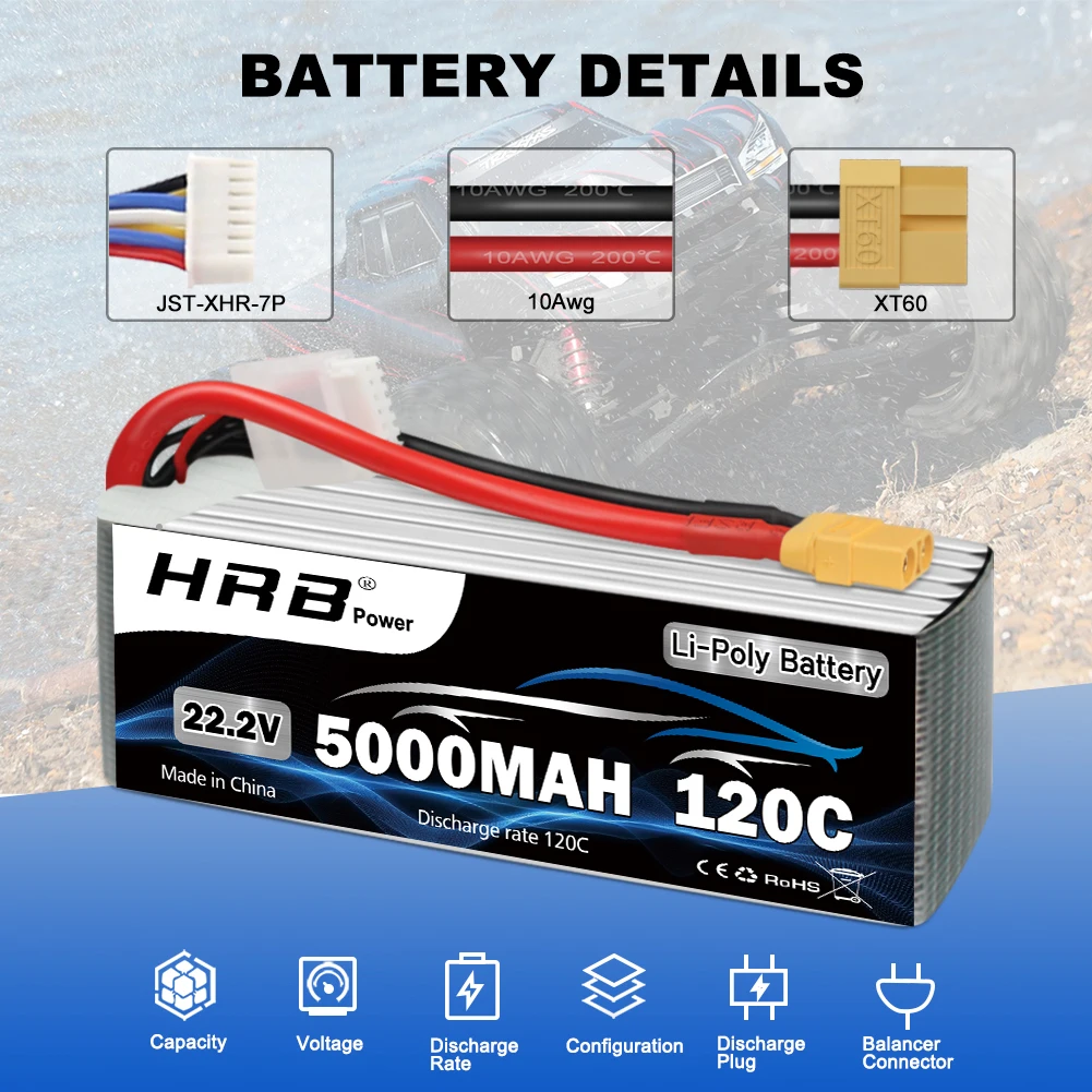 HRB 6S يبو بطارية 22.2 فولت 5000 مللي أمبير بطارية توصيل خارجي 120C مع موصل XT90 لسيارة RC الوحش 550E 700E RC هليكوبتر RC قارب
