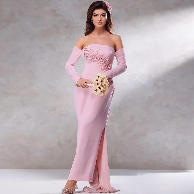 CustomizedEvening Dress Custom Color Strapless Long Sleeves Handmade Flowers Side Slit Jersey Saudi Arab Prom Gown Party Dresses