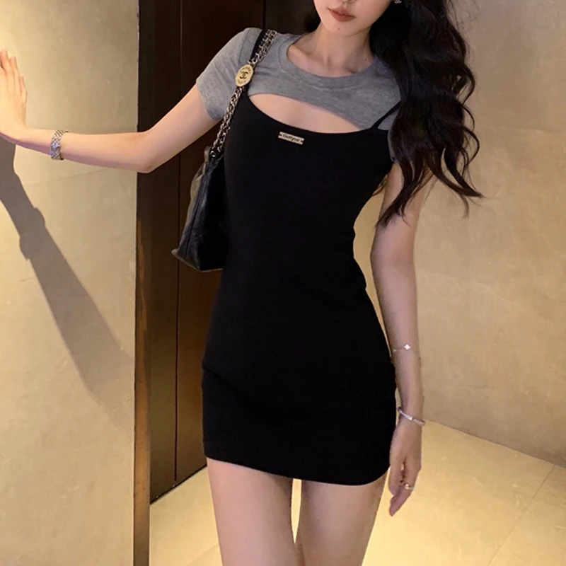 Sexy Hollow Patchwork Casual Streetwear Y2K Bodycon Dresses for Women 2024 Summer O Neck Short Sleeve Slim Kpop Club Mini Dress