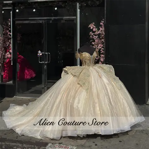 Champagnefärgade Quinceanera-klänningar 2024 Födelsedag Prinsessa Korsett Pärlor Applikationer Söt 15 År Flicka Vestidos Snörning Anpassad 8 best sales champagnefärgade quinceanera-klänningar - №5