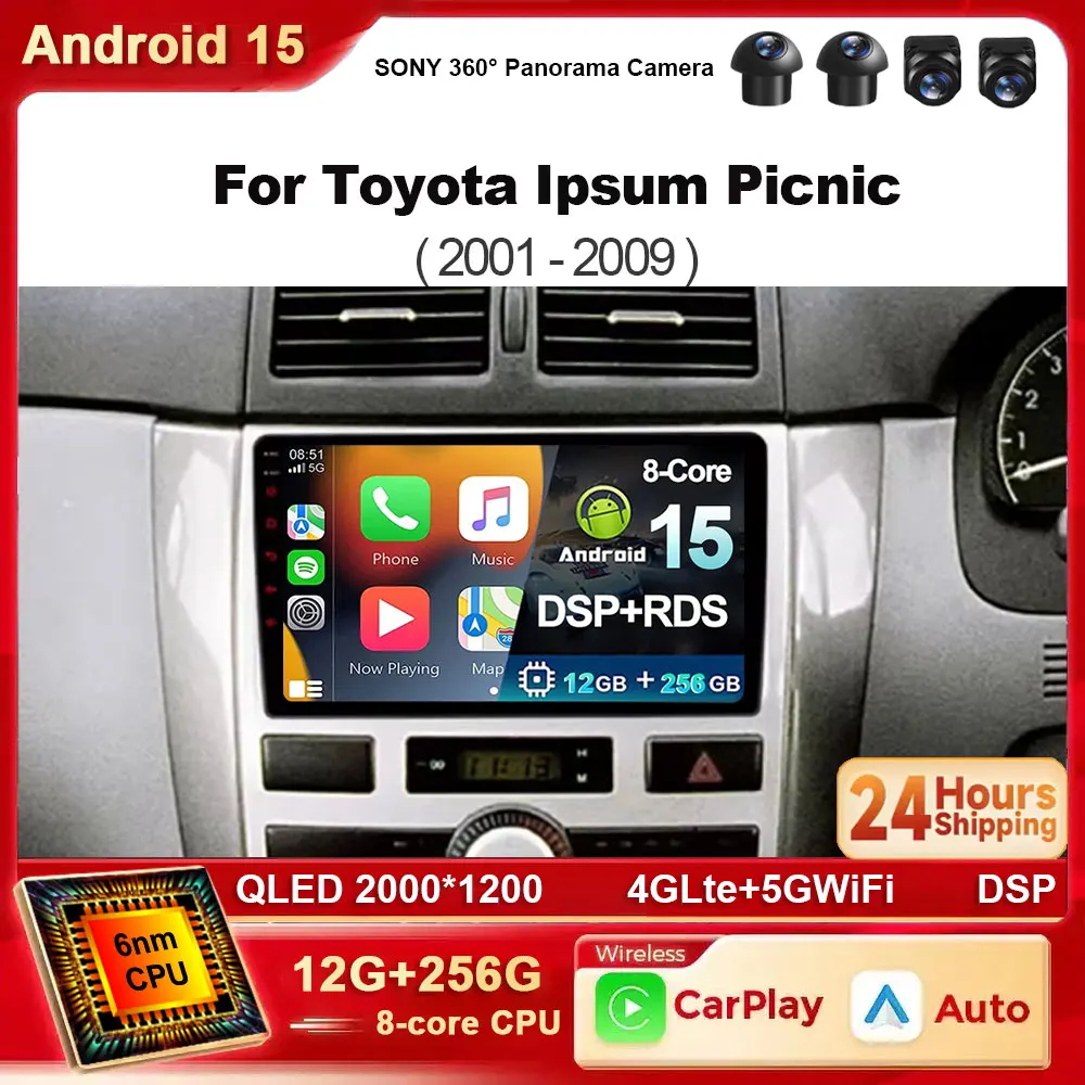 Android 15 QLED 2K CarPlay Auto Multimedia Für Toyota Ipsum 2001-2009 Picknick 2001-2002 4G WiFi GPS Stereo Radio