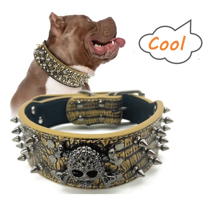 Spiked Studded Leather Dog Collar, Cool Rivet Dog Collar For Medium Large Dogs Training, Walking