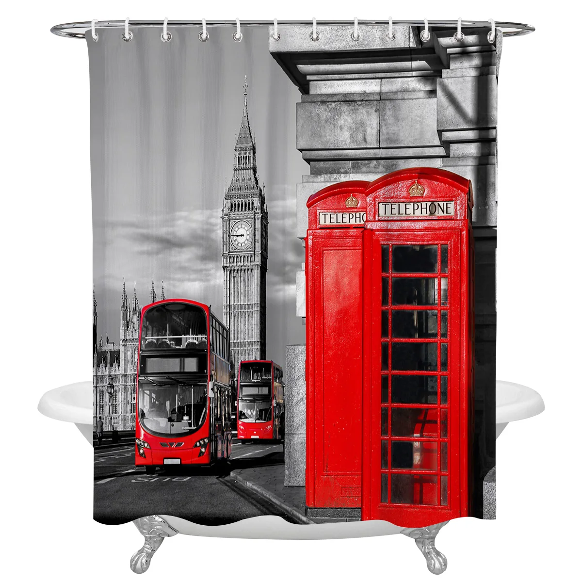 London Red Telephone Booth Bus Waterproof Bathroom Decoration Shower Curtain With Hook Bathtub Curtains Bathroom Accessories