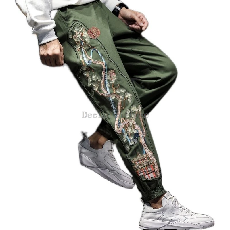 2024 retro embroidery fashionable versatile pants casual daily loose wushu practise pants chinese kungfu performance trousers