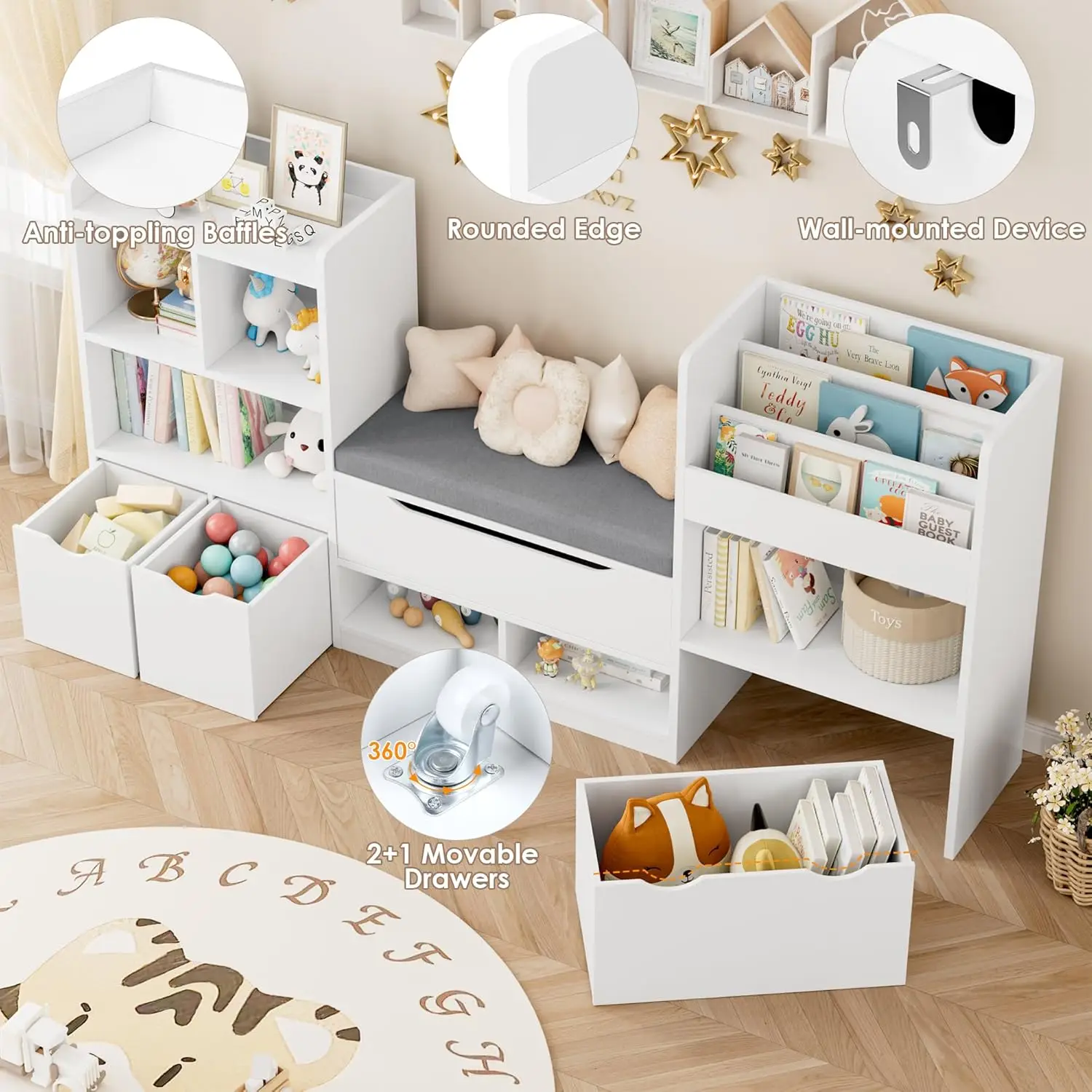 Bibliothèque pour enfants avec coin lecture, très grand rangement pour jouets, coussin de siège, 3 égouts de proximité mobiles, bibliothèque pour enfants, 72 po