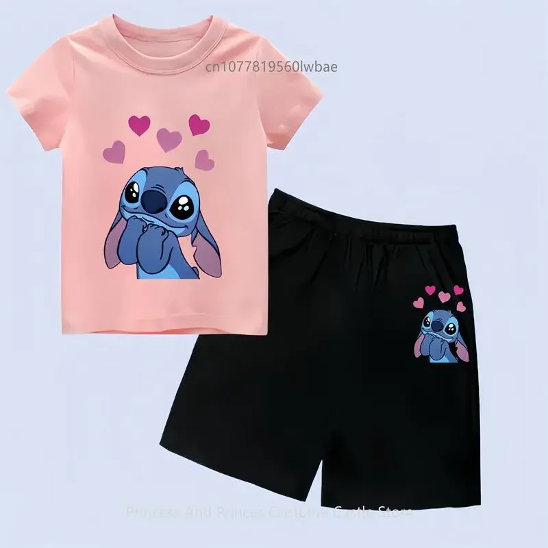 Stitch T-shirt For kids Summer Fashion Children‘s Suits Little Monster T shirt and pants Two peice set Cartoon style Unisex Tops