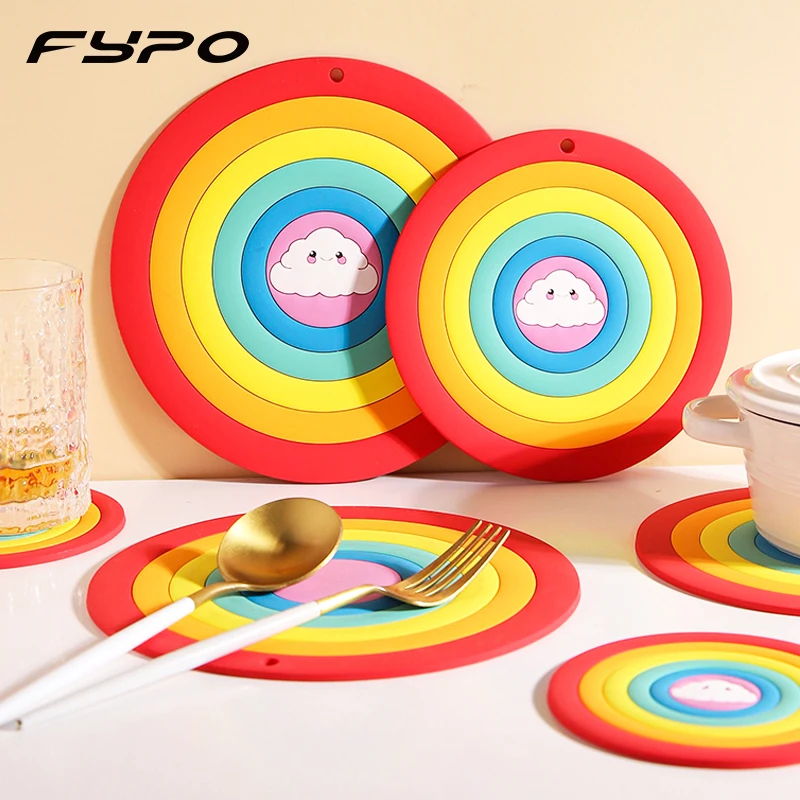 

Rainbow Round Placemat Kids Plate Mat Food Grade Silicone Table Pad Waterproof Placemat Cup Mat Home Decor Kitchen Accessories