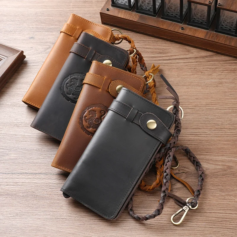 Long Leather Wallet Men's Embossed New Style FKM Vintage Large Capacity Anti-Theft Rope Puller Handheld Bag Top Layer Cowhide