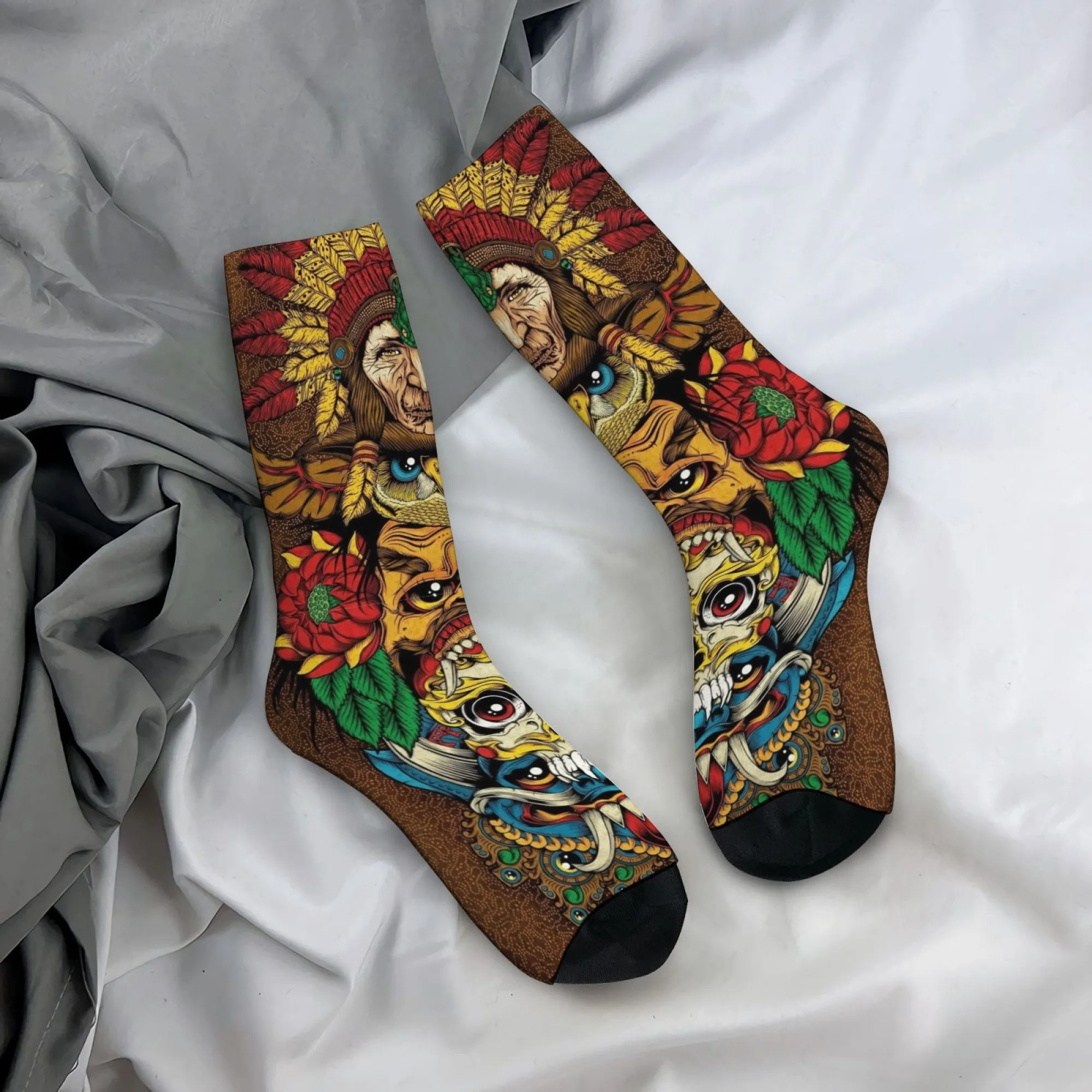 Socken mit aztekischer Stammes-Totem-Kunst, Retro-Stil, lässige Mode, Herrensocken, bequem, atmungsaktiv, rutschfest, für Outdoor-Radsport, Sportsocken