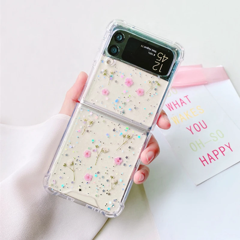 ZFlip5 Case Bling Real Flower Case For Samsung Galaxy Z Flip 5 Z Flip 4 Zflip 3 Luxury Dried Flowers Shockproof Clear Back Cover