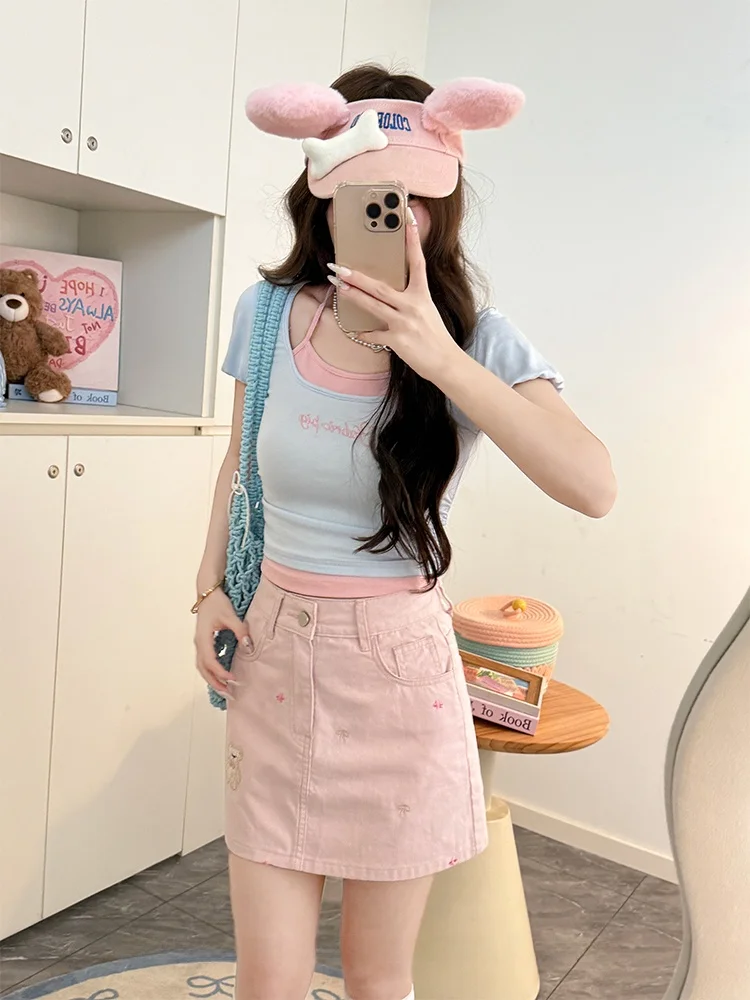 Sweet Style Bear Print Short Sleeve T-Shirt Women's Slim Fit Summer Top Hanging Neck Design Fabric Pig Brand Girl's Clothing