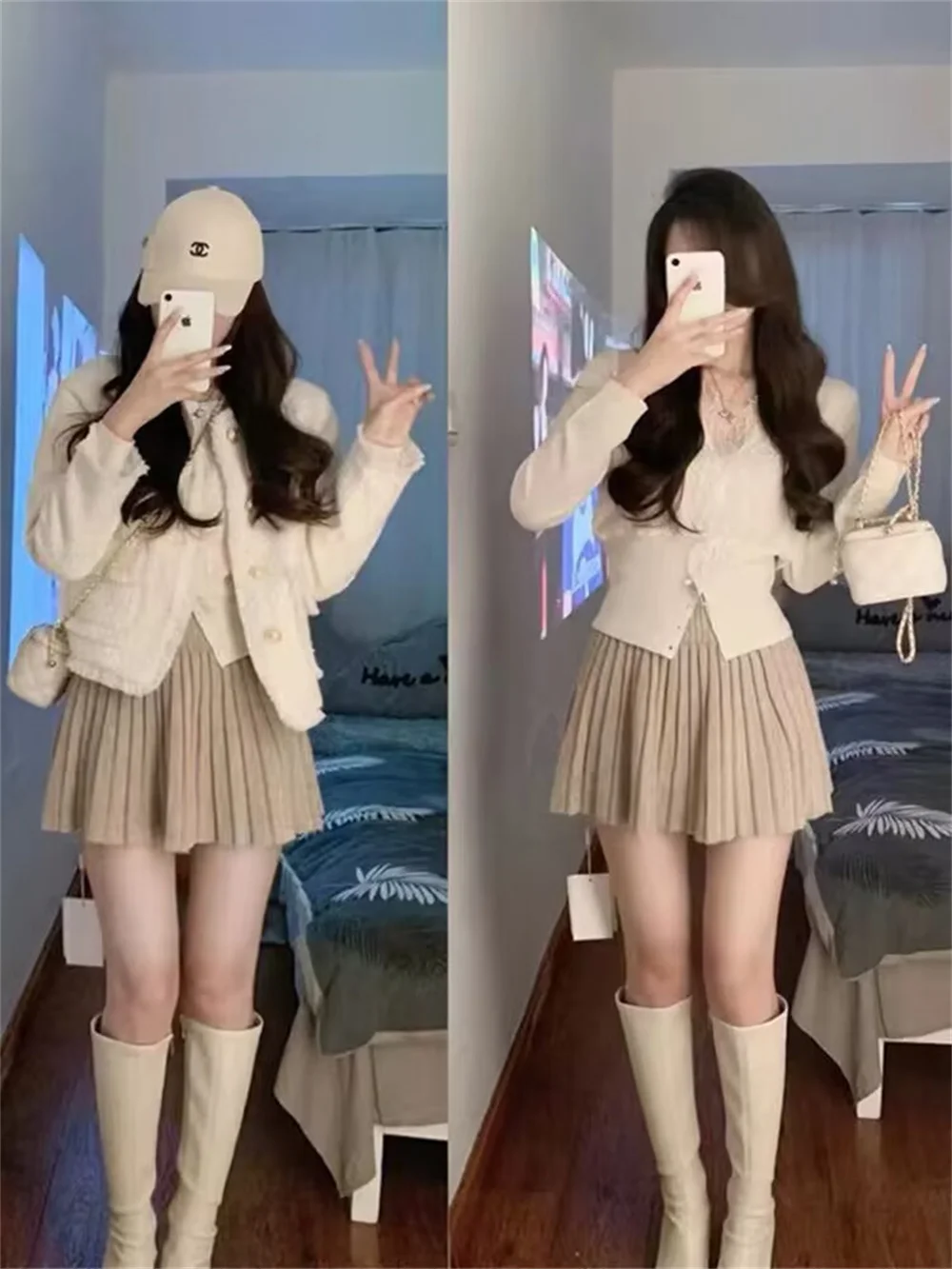 2024 Jesienno-zimowy kardigan dla kobiet Patchwork Lace Long Sleeve Fashion Korean Knitted Sweet Sweater Cropped Tops