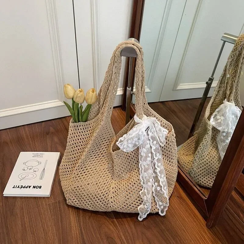 Chongsukei Women Crochet Tote Bag Fashion Knitted Large Capacity Woven Shoulder Bags Solid Color Simple Shopping Bag for Summer