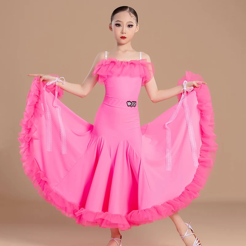 

Modern Dancing Competition Suit Stage Show Clothes Pink Ballroom Dance Dress Sleeveless Dress For Standard Girls Waltz