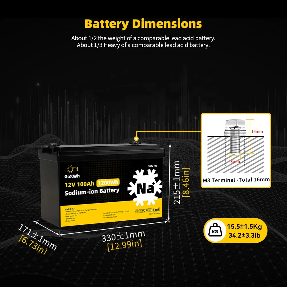 Grade A GoKWh 12V 24V 100Ah 200Ah Sodium ion SIB Na Sodium-ion Battery for Cold Weather RV Boat Trolling Golf Cart Camping Car