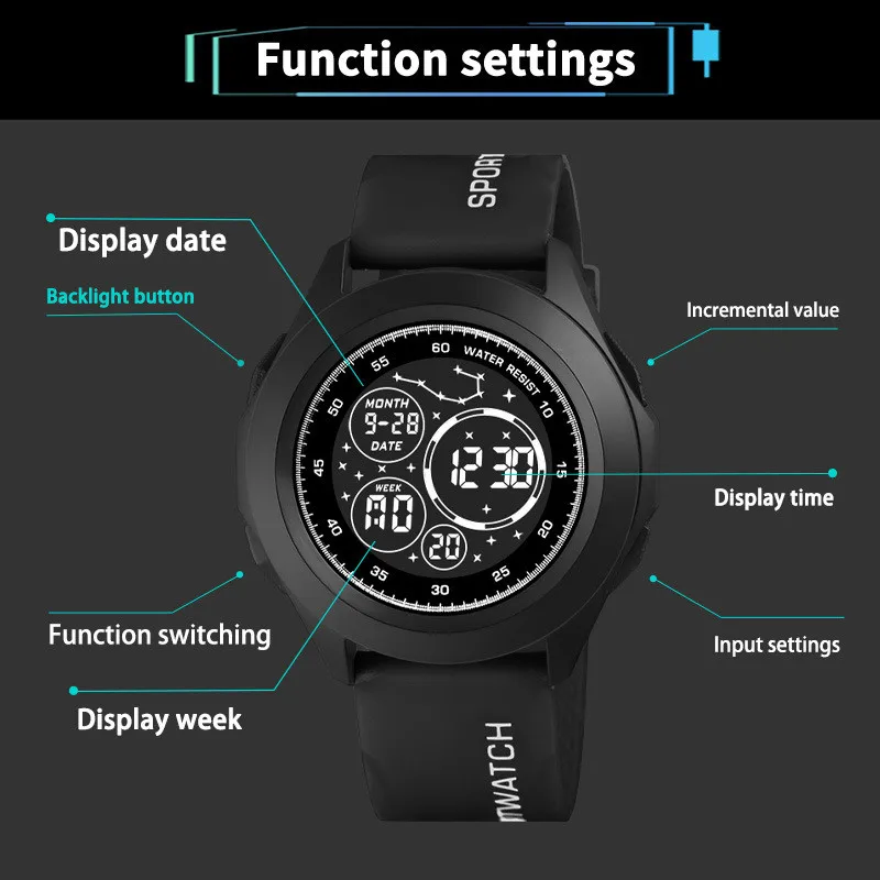 남성용 기술 전자 시계 다기능 야간 조명 야외 스포츠 전자 시계