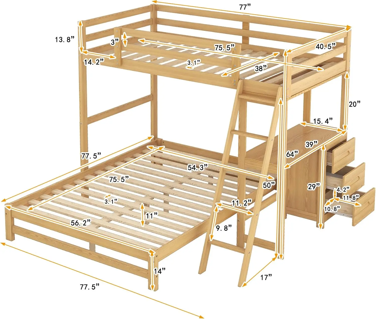 Letto a castello doppio sopra completo con scrivania incorporata e comodino a 3 cassetti, struttura letto a castello in legno massello dal design separato