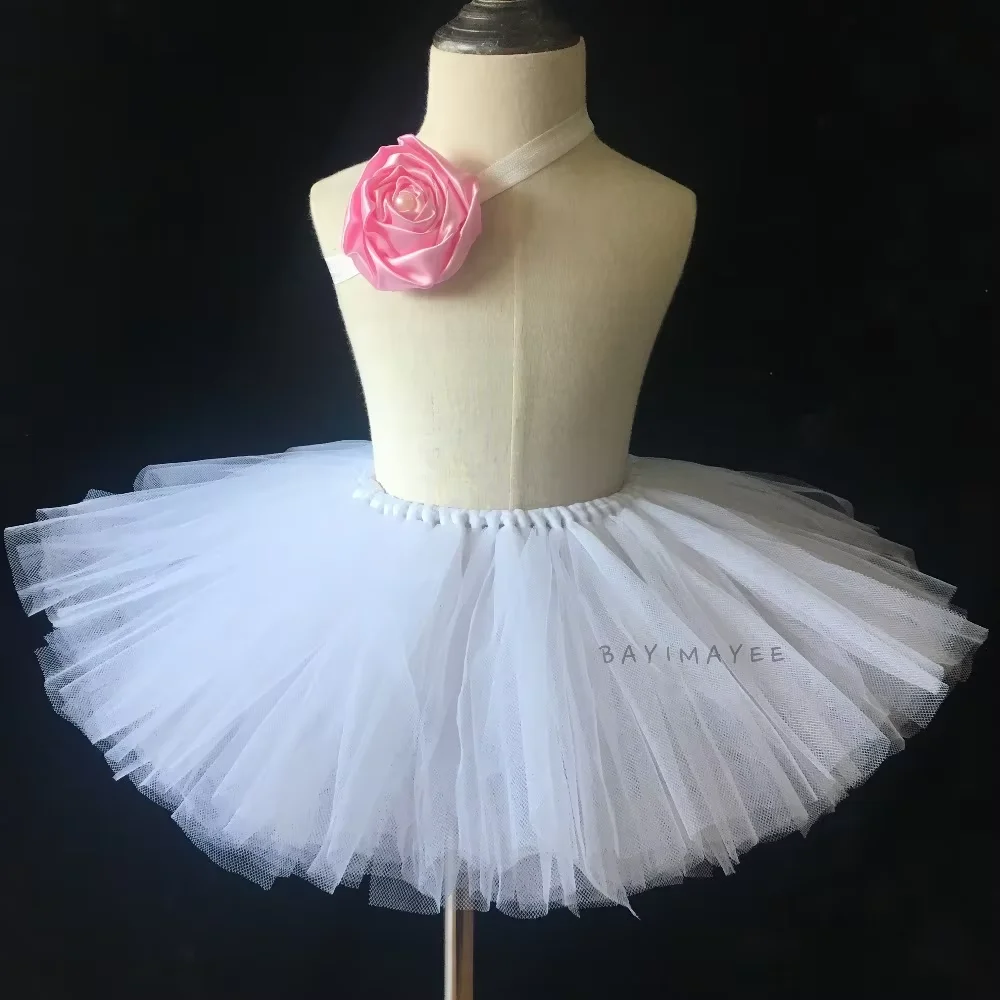 Girls White Tutu Skirts Baby Ballet Tulle Pettiskirts Unerskirts with Pink Rosa Hairbow Set Kids Birthday Party Costume Skirt