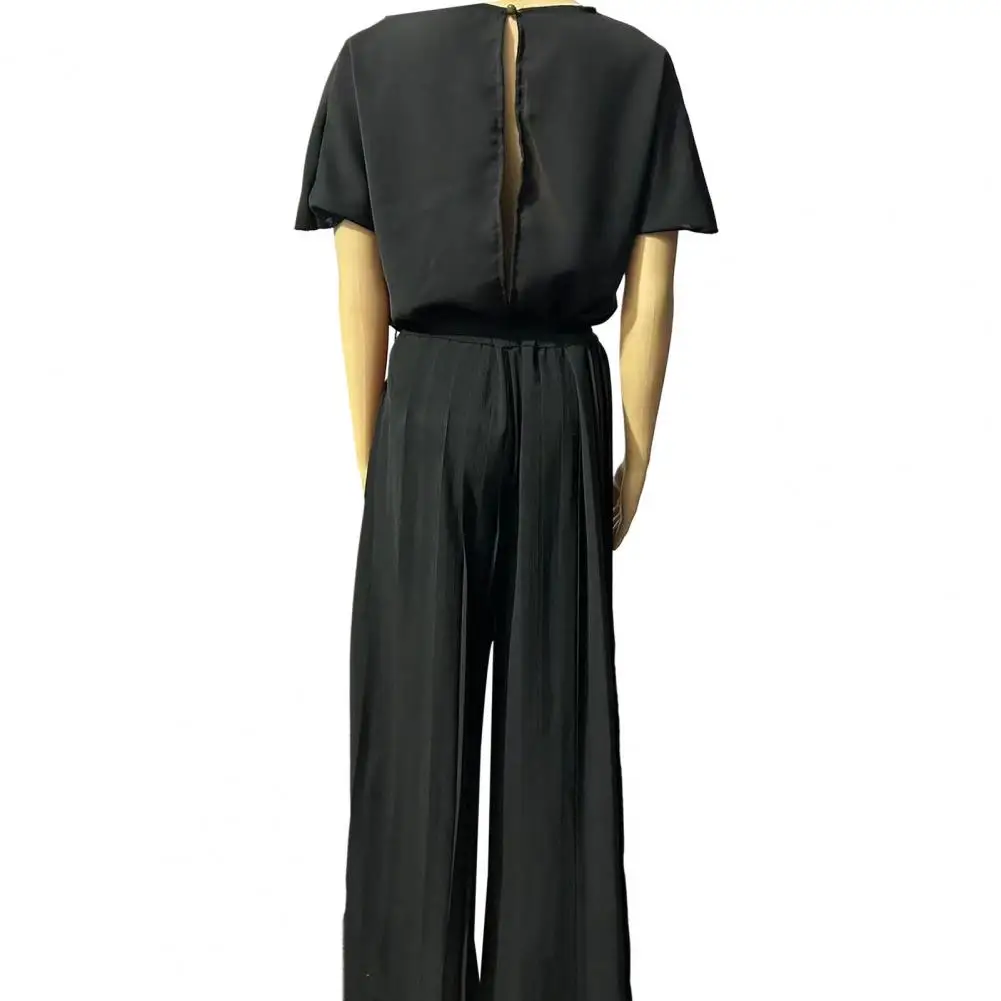 Stacked Collar Jumpsuit Elegant Women's Wide Leg Jumpsuit with Belted Waist Pleated Collar for Formal Occasions Office Wear Lady