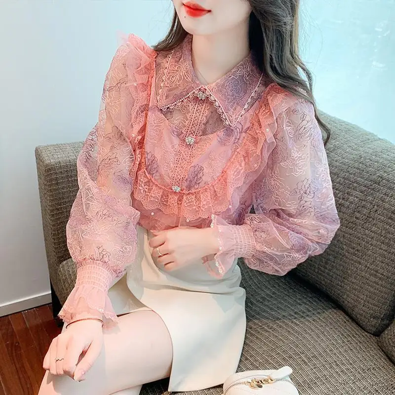 Women\'s Spring and Autumn New Fashion Elegant Doll Neck Lace Embroidery Style Versatile Long Sleeve Slim Fit Chiffon Shirt Tops