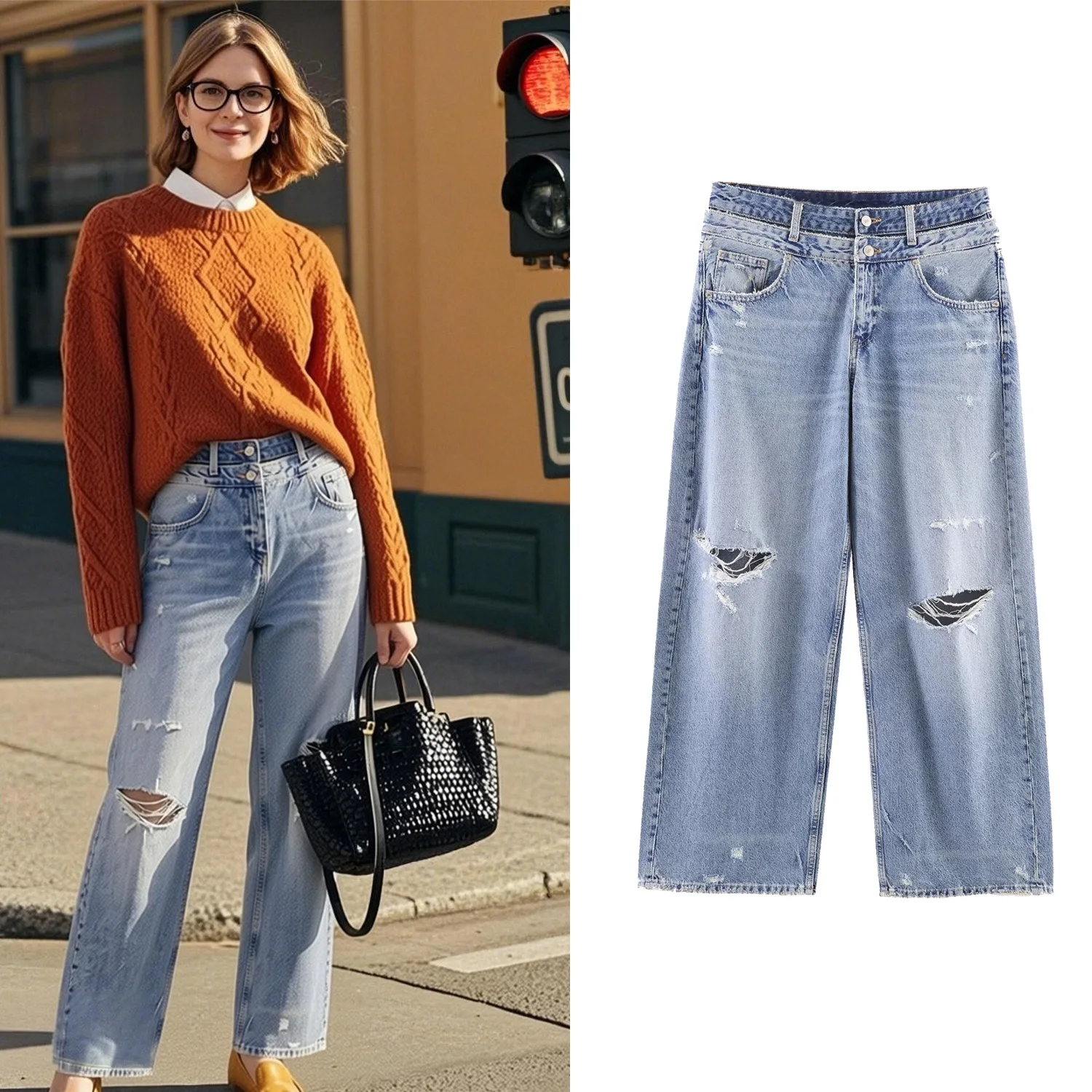 

Women Double Waist Straight Leg Jeans Summer American Style Female High Street Zipper Pants Lady Chic Mid-Waist Ripped Trousers