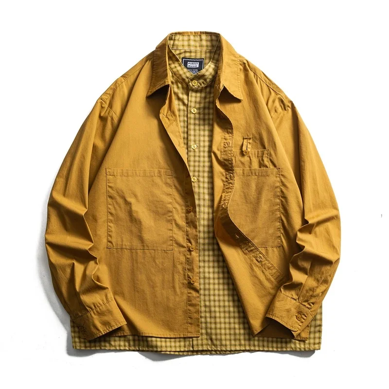 Double Layered Splice Plaid Shirt Men Streetwear Loose Casual Long Sleeve Oversize Cargo Shirts Cityboy Vintage Blouses