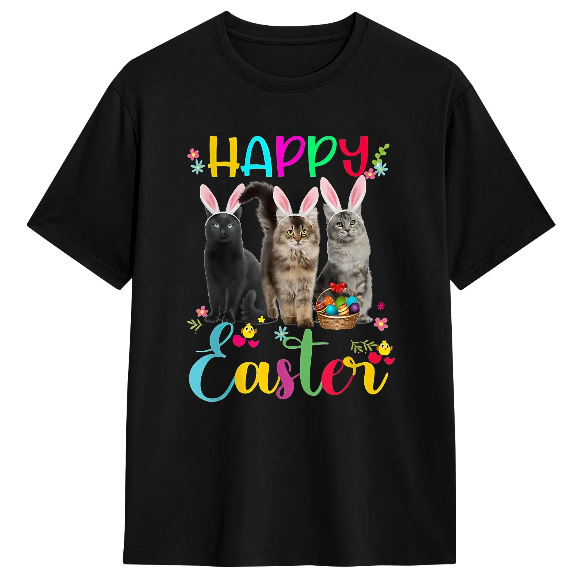 T Shirt Summer Happy Easter Three Cat Wearing Bunny Ears Basket Kitten Meow T Shirts  100% Cotton Tee Shirt for Men's Clothing