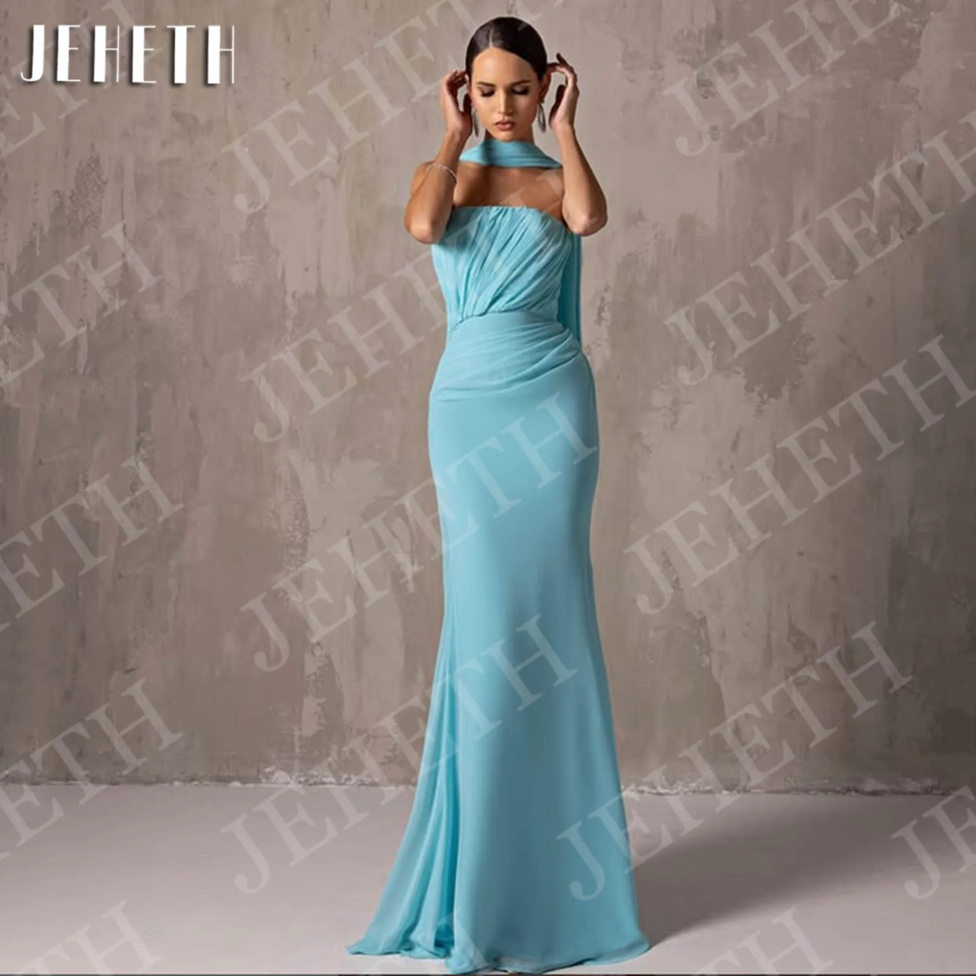 

JEHETH Mermaid Elegant Evening Dresses Sexy Strapless Prom Gowns Customized Chiffon Prom Dress Light Blue Woman فستان سهرة نسائي