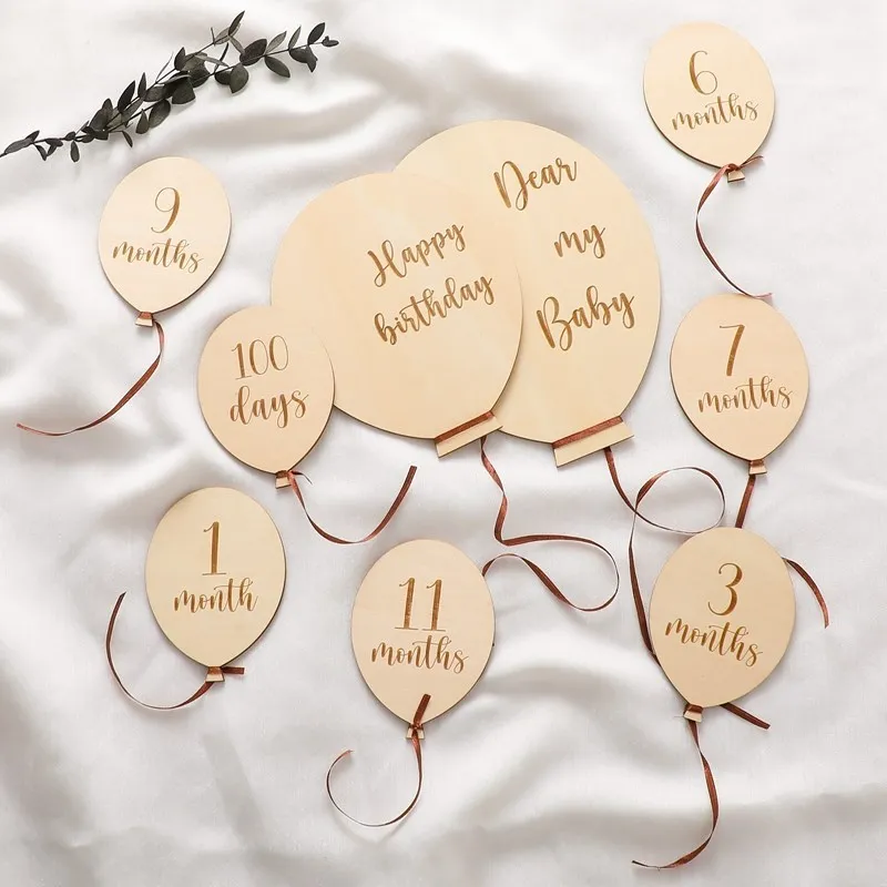 

9PCS Baby Wooden Balloon Milestone 1-12Month Card Wooden Milestone Newborn Children Photography Props Birthday Party Decoration