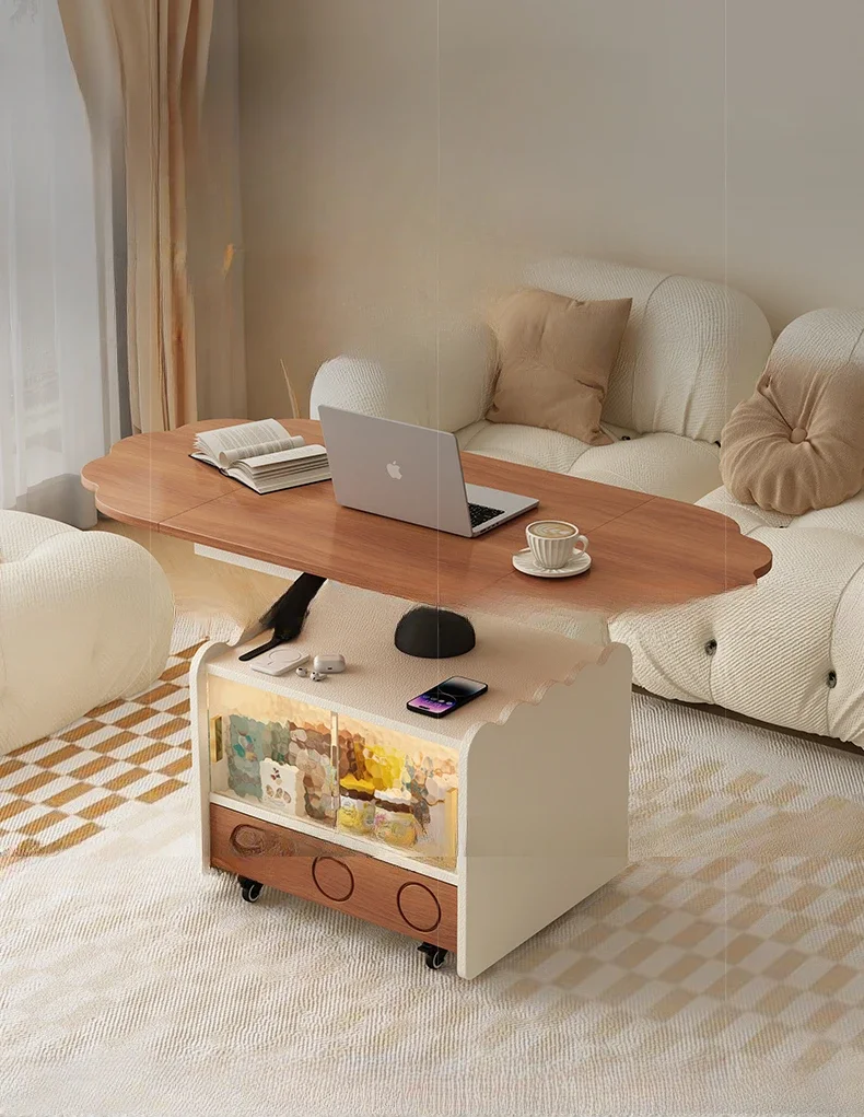 Cream inspired antique style tea table with wheels, small living room, solid wood folding multifunctional lifting table