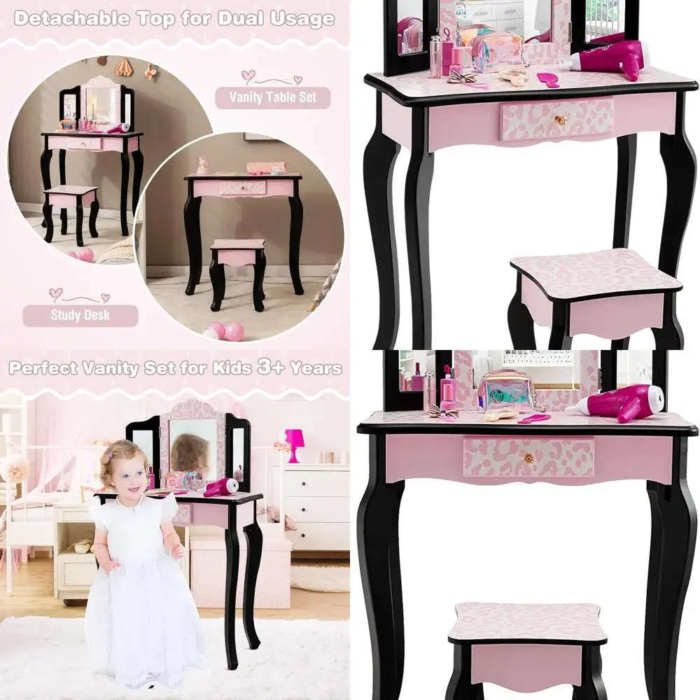 

Детский туалетный столик для макияжа с розовым леопардовым принтом, тройным зеркалом из настоящего стекла и деревянным табуретом