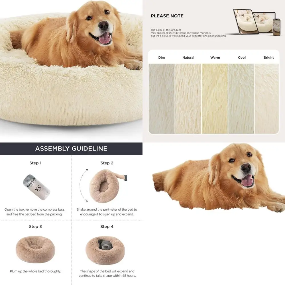 

Extra Large Washable Donut Dog Bed, Anti-Slip, Plush Faux Fur, Fits Pets up to 120 lbs, Ivory Beige, 45