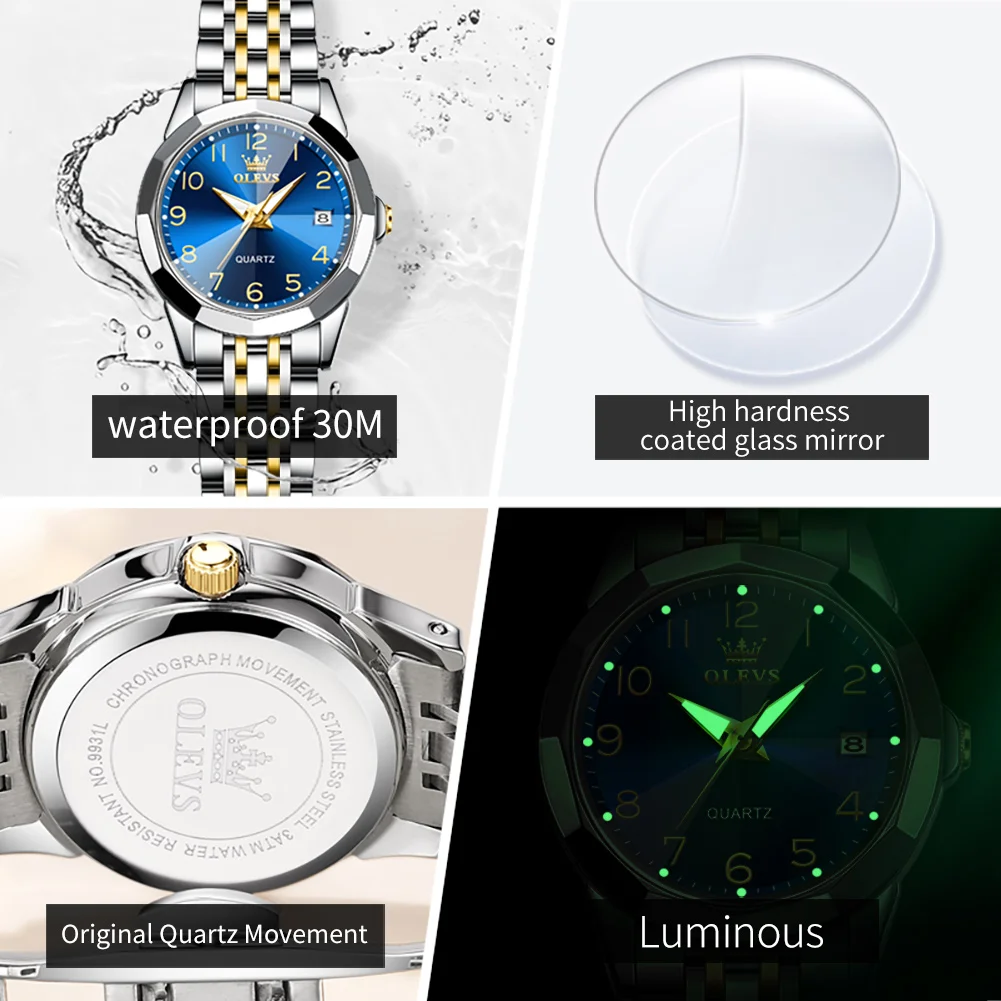 OLEVS Quartz Watch for Women Rhombus Mirror Number Dial Solid Stainless Steel Waterproof Date Elegant Luxury Original Hand Clock
