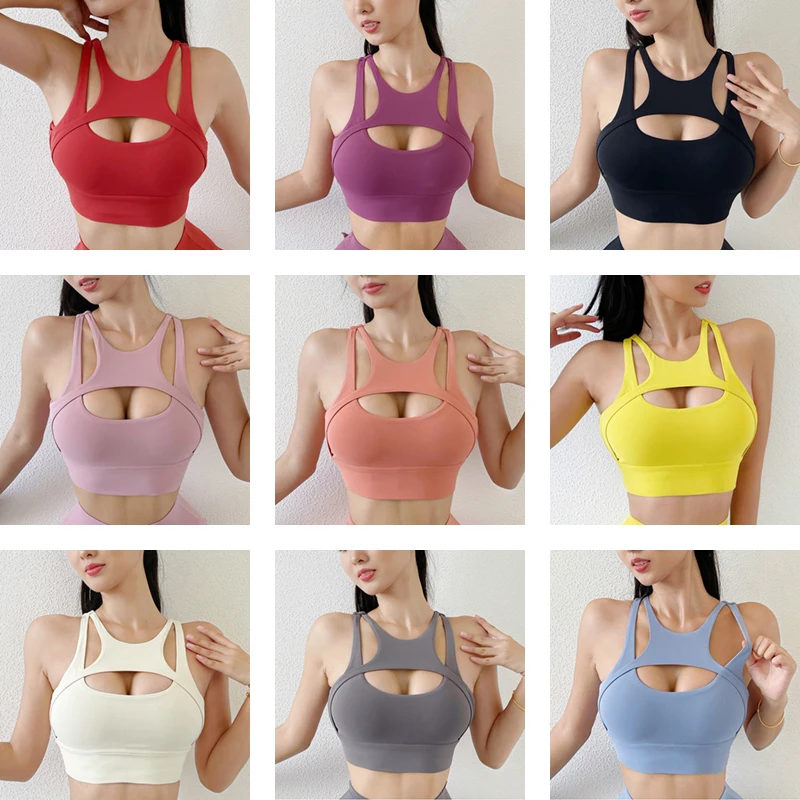 New Sports Bra Sexy Women\'s Top Hollow Out Elastic Gym Sport Yoga Bras Bralette Crop Top Chest Pad Removable Yoga Bras For Women