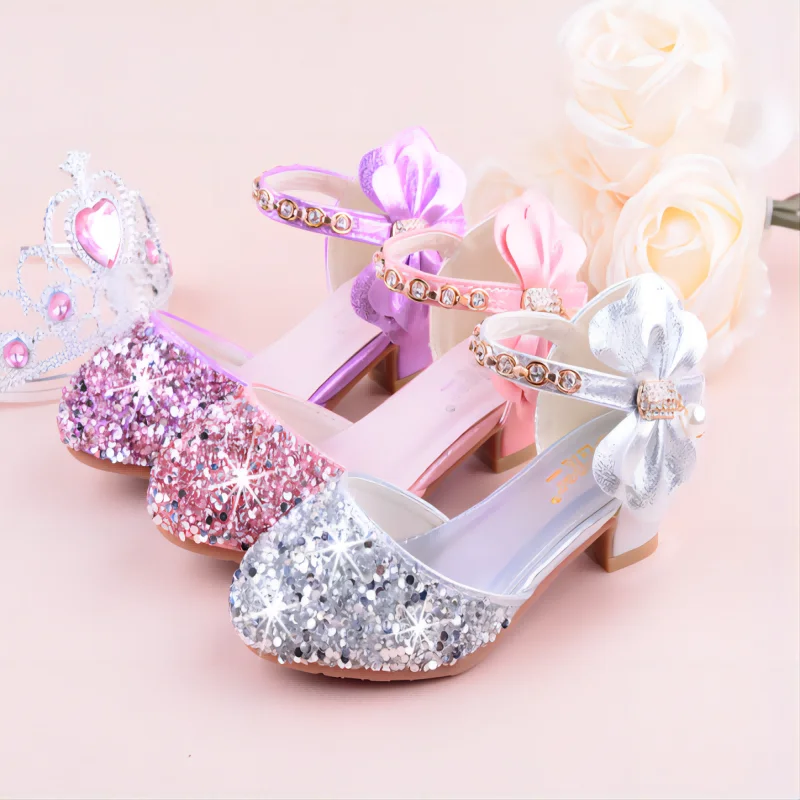 2019 Girls Bow-knot Princess Shoes With High-heeled, Kids Glitter Dance Performance Summer Shoes, Purple , Pink & Silver 26-38