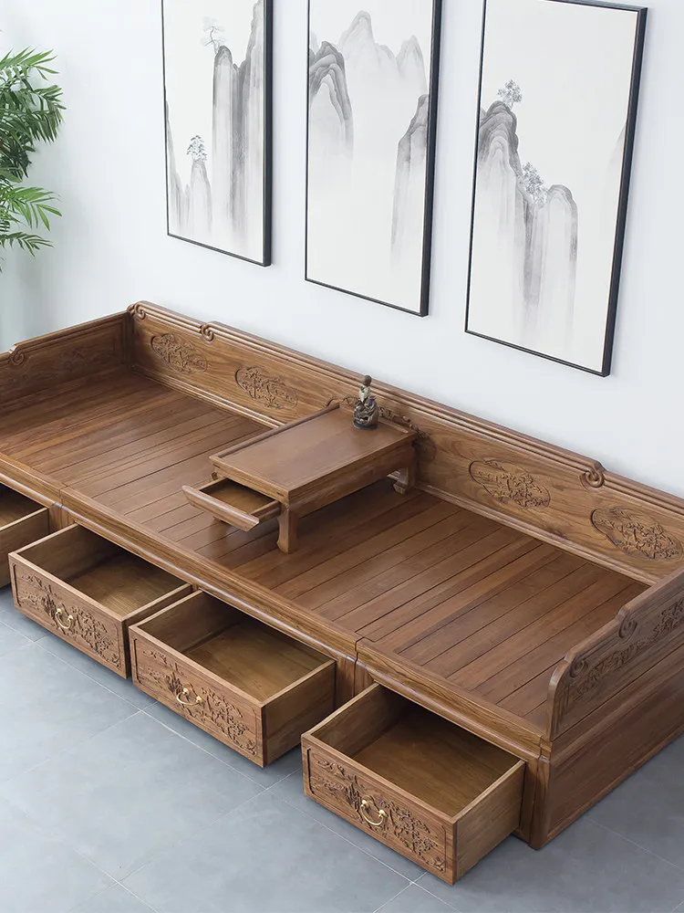 YFY bed solid wood modern new Chinese elm bed living room rice sofa Zen carved mortise and tenon sofa combination