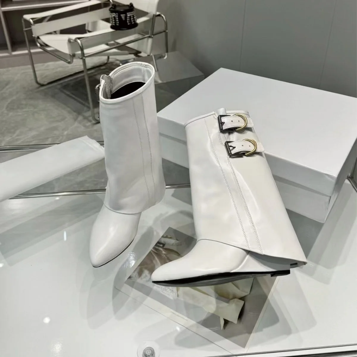 2026 High Quality Winter Women Pointed Toe Mid Boots Fold Cuff Double Buckle Party Heeled Boots ch24101513