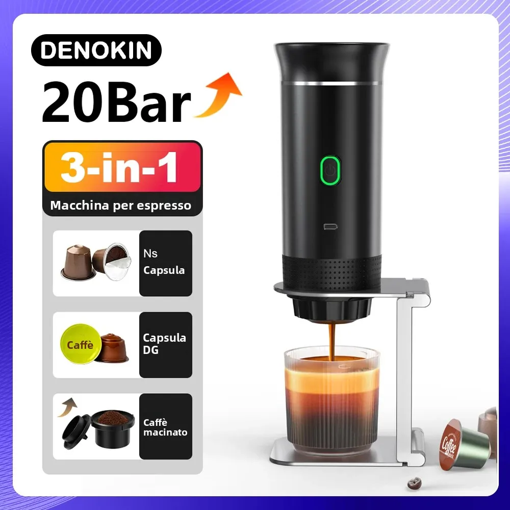 Macchina da Caffè Espresso Portatile Elettrica Wireless DENOKIN per Auto e Casa, Macchina da Caffè da Campeggio 3-in-1 per Capsule e Polvere, Macchina